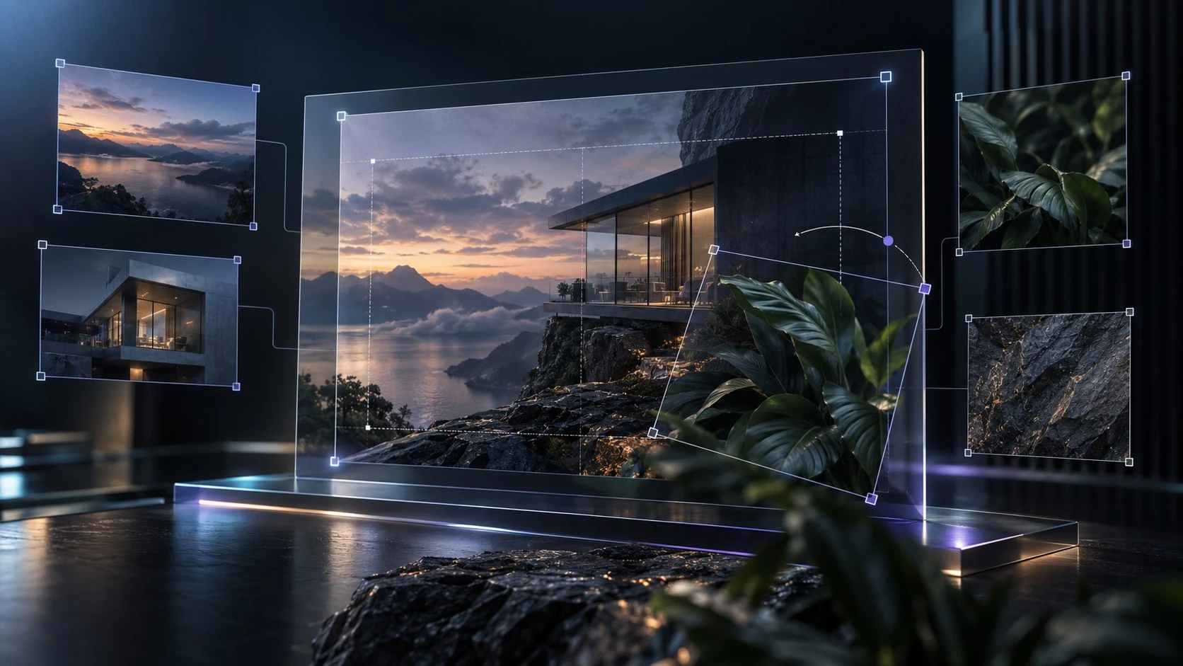 Separate landscape, architecture and plant images are arranged into a layered composition with crop and rotation guides.